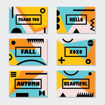 Pink, Orange, And Blue Fall Modern Cards Templates Set With Thick Black Messages And Symbols