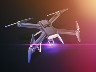 Double Exposure, Modern Remote Control Air Drone Flying with action camera. on black background. 3D .