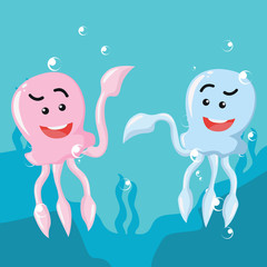red jellyfish and blue jellyfish