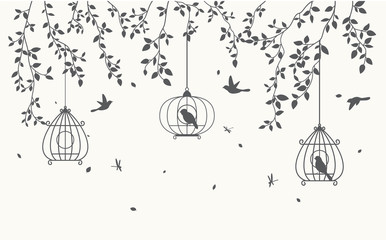 Silhouette leaves background with birdcage 