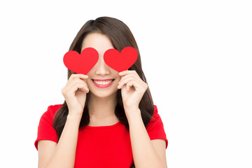 Portrait of attractive asian smiling woman isolated on white stu