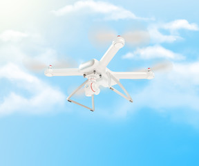 Modern white drone hovering in a bright blue sky. 3D .
