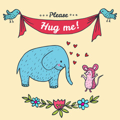 Fototapeta premium Hug me card with elephant and hedgehog