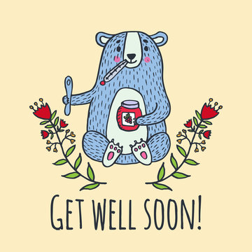 Get well soon card with teddy bear and jam