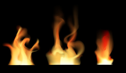 Set of transparent fire on black vector illustration.