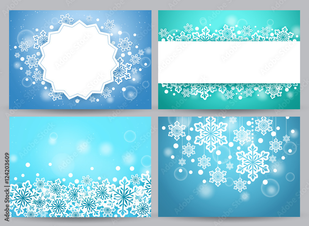 Poster winter backgrounds and banners vector set with snow flakes and empty white space for text and greeti
