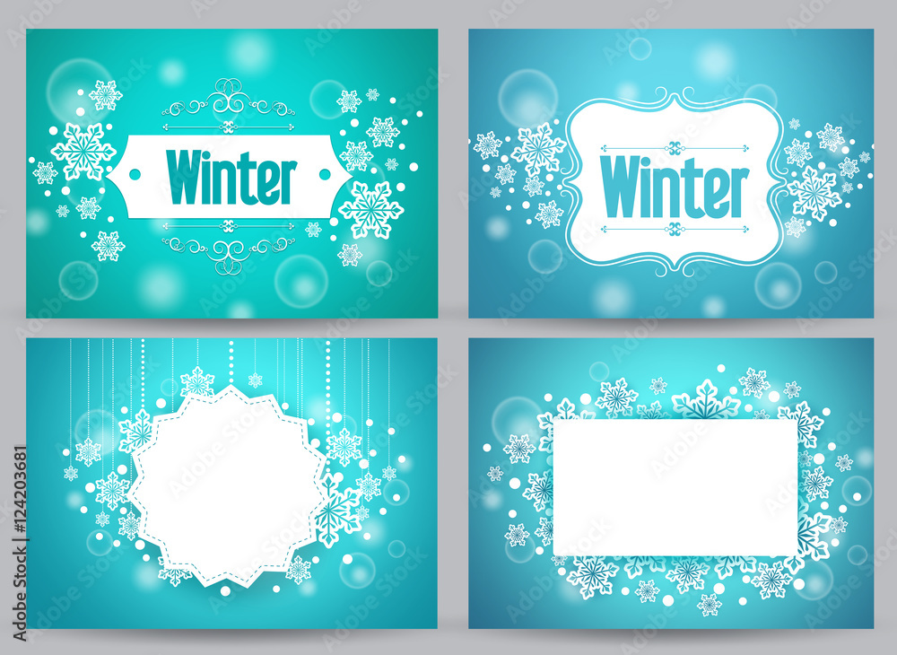 Poster winter banners and backgrounds vector bundle with designs of snowflakes and space for text in blue. 