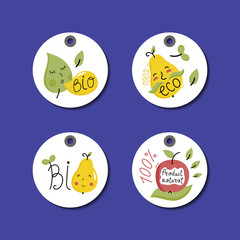 Eco and bio food round labels set isolated on blue background. Natural farm products price tags for organic foods shop, vegan cafe, restaurant, eco bar. Healthy eating concept. Eco friendly products