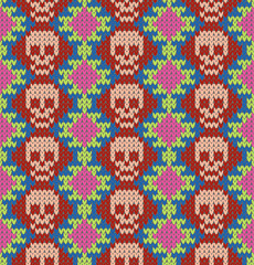 Seamless pattern with skull and ethnic mexican elements. Day of the dead, a traditional holiday in Mexico. For postcard or celebration design. Traditional Latin American patterns and ornaments