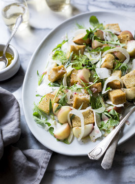 Donut Peach Panzanella with Arugula, Ricotta Salata and Tarragon (gluten-free)