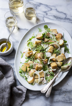 Donut Peach Panzanella with Arugula, Ricotta Salata and Tarragon (gluten-free)