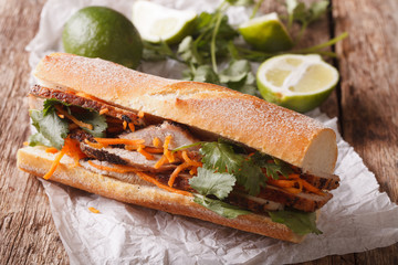 Vietnamese Pork Banh Mi Sandwich with Cilantro and carrot close-up. Horizontal
