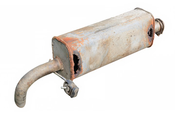 Old car muffler. Front and corrosion damage.