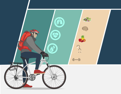 Biker riding on bicycle, Bike infographic banner design, Vector