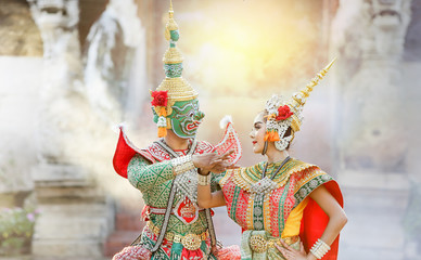 Tosakan (Ravana) and Mandodari , Thai classical mask dance of th