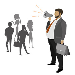 Fat Businessman with a megaphone and silhouettes of women and ma