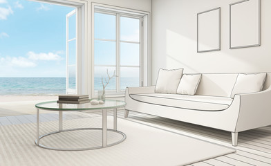 Sketch design of sea view interior in modern beach house - 3D rendering