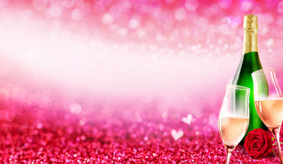 Romantic champagne glass and bottle background