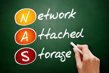 Hand drawn NAS Network Attached Storage, technology business concept on blackboard