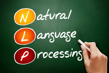 Hand drawn NLP Natural Language Processing, technology business concept on blackboard