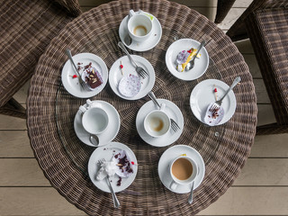 Table after eating Dessert Coffee Tea, Break at meeting