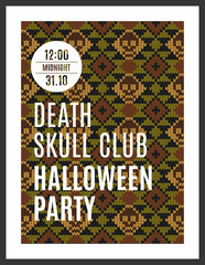 Flyer for a holiday with the inscription HALLOWEEN PARTY IN THE CLUB DEATH SKULL. MIDNIGHT. Brown skull on a dark green background for design flyers, invitations, coupons. Wool knitted texture. Vector