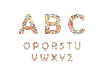 Ethnic bright vector alphabet, paisley ornaments. Hipster Graphic font. Floral and feathers simple stylized ABC design. Hand drawn vector illustration. Part 2.