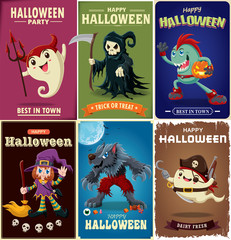 Vintage Halloween poster design set with vector witch, wolf man, ghost, reaper, pirate character.
