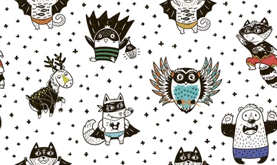Stickers pour porte Petit cerf Modèle sans couture avec des animaux de super-héros. Illustration de dessin animé de vecteur