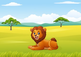 Naklejka premium Cute lion sitting in jungle