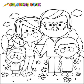 Happy family at the park. Vector black and white coloring page.