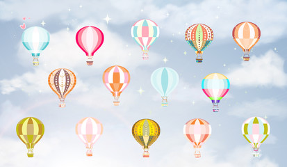 Hot air balloons set in blue sky with stars and clouds, vector illustration for children background, flat greeting card, wrapping, poster print, ...