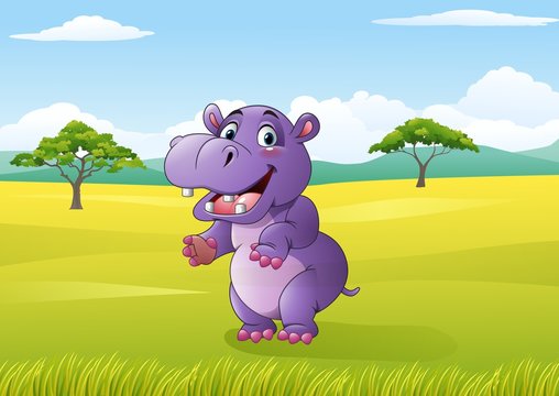 Cartoon funny hippo in the jungle

