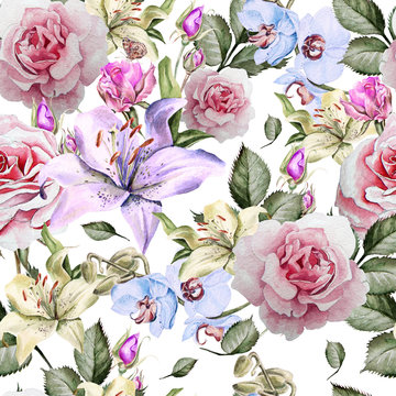 Pattern with watercolor realistic roses, lily and orchids. Illustration.