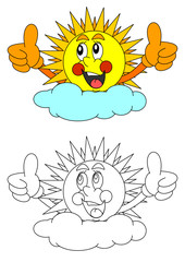 Smiling sun behind the clouds like a coloring book for young children - vector svg