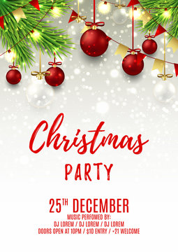 Christmas party flyer template. Elegant vector illustration with glass toys. Beautiful background with shining lights. Design of invitation to night club.
