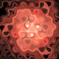 Abstract psychedelic waves on black background. Computer-generated fractal in white, red, rose and brown colors.