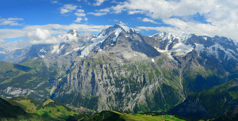Panorama view of the famous peaks: Eiger, Monch and Jungfrau of