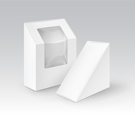 Set of Cardboard Rectangle Triangle Take Away Boxes Packaging For Sandwich, Food with Window on Background