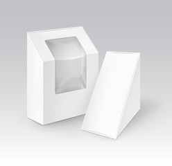 Set of White Blank Cardboard Rectangle Triangle Boxes For Food, Gift with Window Mock up Close up Isolated
