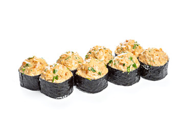 Sushi roll with fresh ingredients isolated on white background