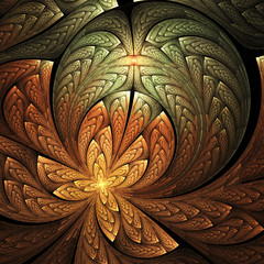 Abstract floral ornament on black background. Computer-generated fractal in green, yellow and orange colors.