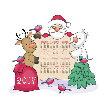 calendar 2017 with the image of funny animals and  Santa Claus.