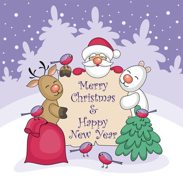 Greeting card merry Christmas and happy New Year with the image of funny animals and  Santa Claus