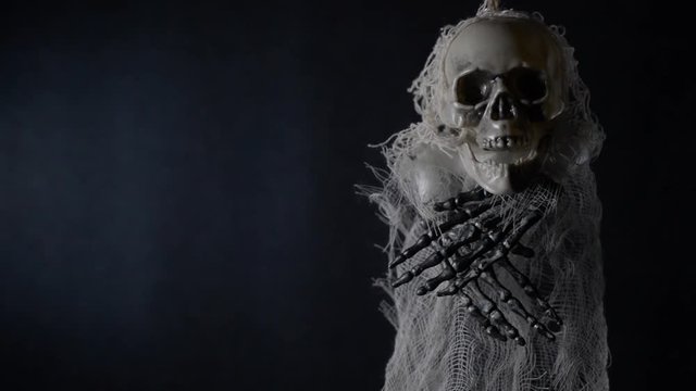 Terrible skeleton hanged on a dark blue background.