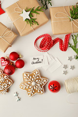 Christmas presents wrapping. flat lay