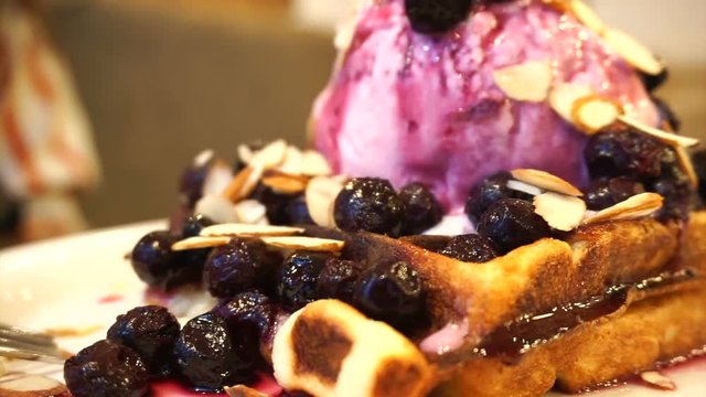 Close up ice cream blueberry waffle 