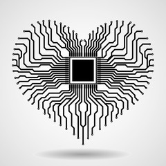 Abstract electronic circuit board in shape of heart, technology background