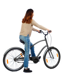 back view of a woman with a bicycle. cyclist sits on the bike. Rear view people collection.  backside view of person. Isolated over white background.