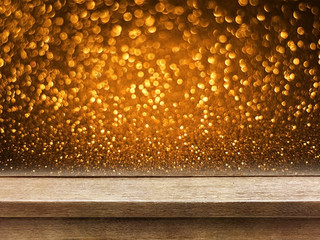 old wood table top on copper gold glitter bokeh background